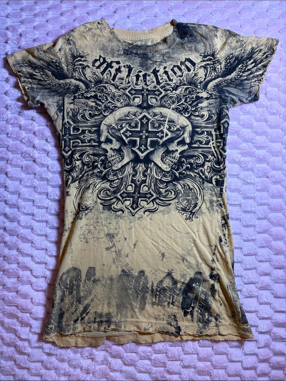Y2K Distressed Gothic Affliction Graphic Skull Shirt | Womens Size Small